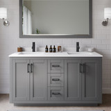 Wyndham WCF292960DGBWCUNSM58 Miranda 60 Inch Double Bathroom Vanity in Dark Gray, White Cultured Marble Countertop, Undermount Square Sinks, Matte Black Trim, 58 Inch Mirror