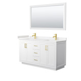 Wyndham WCF292960DWGC2UNSM58 Miranda 60 Inch Double Bathroom Vanity in White, Light-Vein Carrara Cultured Marble Countertop, Undermount Square Sinks, Brushed Gold Trim, 58 Inch Mirror