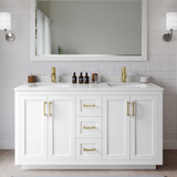 Wyndham WCF292960DWGC2UNSM58 Miranda 60 Inch Double Bathroom Vanity in White, Light-Vein Carrara Cultured Marble Countertop, Undermount Square Sinks, Brushed Gold Trim, 58 Inch Mirror
