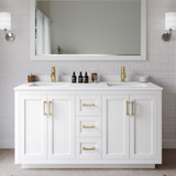 Wyndham WCF292960DWGWCUNSM58 Miranda 60 Inch Double Bathroom Vanity in White, White Cultured Marble Countertop, Undermount Square Sinks, Brushed Gold Trim, 58 Inch Mirror
