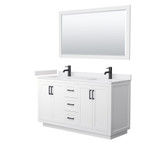 Wyndham WCF292960DWBWCUNSM58 Miranda 60 Inch Double Bathroom Vanity in White, White Cultured Marble Countertop, Undermount Square Sinks, Matte Black Trim, 58 Inch Mirror