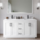 Wyndham WCF292960DWBWCUNSM58 Miranda 60 Inch Double Bathroom Vanity in White, White Cultured Marble Countertop, Undermount Square Sinks, Matte Black Trim, 58 Inch Mirror
