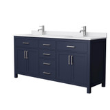 Wyndham WCG242472DBNWCUNSMXX Beckett 72 Inch Double Bathroom Vanity in Dark Blue, White Cultured Marble Countertop, Undermount Square Sinks, Brushed Nickel Trim