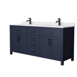 Wyndham WCG242472DBBWCUNSMXX Beckett 72 Inch Double Bathroom Vanity in Dark Blue, White Cultured Marble Countertop, Undermount Square Sinks, Matte Black Trim