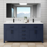 Wyndham WCG242472DBBWCUNSMXX Beckett 72 Inch Double Bathroom Vanity in Dark Blue, White Cultured Marble Countertop, Undermount Square Sinks, Matte Black Trim