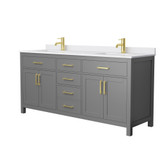 Wyndham WCG242472DGGWCUNSMXX Beckett 72 Inch Double Bathroom Vanity in Dark Gray, White Cultured Marble Countertop, Undermount Square Sinks, Brushed Gold Trim
