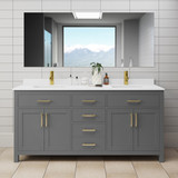 Wyndham WCG242472DGGWCUNSMXX Beckett 72 Inch Double Bathroom Vanity in Dark Gray, White Cultured Marble Countertop, Undermount Square Sinks, Brushed Gold Trim