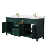 Wyndham WCG242472DGDCCUNSMXX Beckett 72 Inch Double Bathroom Vanity in Green, Carrara Cultured Marble Countertop, Undermount Square Sinks, Brushed Gold Trim