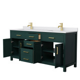 Wyndham WCG242472DGDWCUNSMXX Beckett 72 Inch Double Bathroom Vanity in Green, White Cultured Marble Countertop, Undermount Square Sinks, Brushed Gold Trim