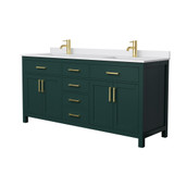 Wyndham WCG242472DGDWCUNSMXX Beckett 72 Inch Double Bathroom Vanity in Green, White Cultured Marble Countertop, Undermount Square Sinks, Brushed Gold Trim