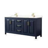 Wyndham WCV252572DBLC2UNSMXX Daria 72 Inch Double Bathroom Vanity in Dark Blue, Light-Vein Carrara Cultured Marble Countertop, Undermount Square Sinks, No Mirror