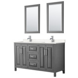 Wyndham WCV252560DKGC2UNSM24 Daria 60 Inch Double Bathroom Vanity in Dark Gray, Light-Vein Carrara Cultured Marble Countertop, Undermount Square Sinks, 24 Inch Mirrors