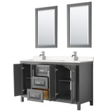 Wyndham WCV252560DKGC2UNSM24 Daria 60 Inch Double Bathroom Vanity in Dark Gray, Light-Vein Carrara Cultured Marble Countertop, Undermount Square Sinks, 24 Inch Mirrors