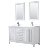 Wyndham WCV252560DWHWCUNSM24 Daria 60 Inch Double Bathroom Vanity in White, White Cultured Marble Countertop, Undermount Square Sinks, 24 Inch Mirrors