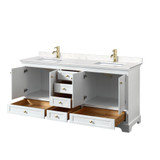 Wyndham WCS202072DWGC2UNSMXX Deborah 72 Inch Double Bathroom Vanity in White, Carrara Cultured Marble Countertop, Undermount Square Sinks, Brushed Gold Trim, No Mirrors