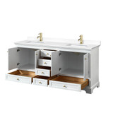 Wyndham WCS202072DWGWCUNSMXX Deborah 72 Inch Double Bathroom Vanity in White, White Cultured Marble Countertop, Undermount Square Sinks, Brushed Gold Trim, No Mirrors