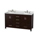 Wyndham WCS141460DESCMUNOMXX Sheffield 60 Inch Double Bathroom Vanity in Espresso, White Carrara Marble Countertop, Undermount Oval Sinks, and No Mirror
