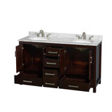 Wyndham WCS141460DESCMUNOMXX Sheffield 60 Inch Double Bathroom Vanity in Espresso, White Carrara Marble Countertop, Undermount Oval Sinks, and No Mirror