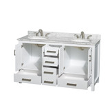 Wyndham WCS141460DWHCMUNOMXX Sheffield 60 Inch Double Bathroom Vanity in White, White Carrara Marble Countertop, Undermount Oval Sinks, and No Mirror