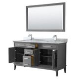 Wyndham WCV303060DKGCMUNSM56 Margate 60 Inch Double Bathroom Vanity in Dark Gray, White Carrara Marble Countertop, Undermount Square Sinks, and 56 Inch Mirror