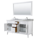 Wyndham WCV303060DWHCMUNOM56 Margate 60 Inch Double Bathroom Vanity in White, White Carrara Marble Countertop, Undermount Oval Sinks, and 56 Inch Mirror