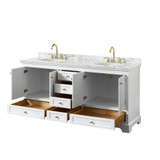 Wyndham WCS202072DWGCMUNOMXX Deborah 72 Inch Double Bathroom Vanity in White, White Carrara Marble Countertop, Undermount Oval Sinks, Brushed Gold Trim, No Mirrors