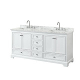 Wyndham WCS202072DWHCMUNSMXX Deborah 72 Inch Double Bathroom Vanity in White, White Carrara Marble Countertop, Undermount Square Sinks, and No Mirror