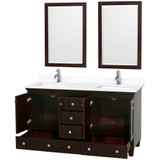 Wyndham WCV800060DESWCUNSM24 Acclaim 60 Inch Double Bathroom Vanity in Espresso, White Cultured Marble Countertop, Undermount Square Sinks, 24 Inch Mirrors