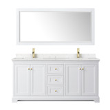 Wyndham WCV232372DWGC2UNSMXX Avery 72 Inch Double Bathroom Vanity in White, Light-Vein Carrara Cultured Marble Countertop, Undermount Square Sinks, Brushed Gold Trim