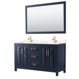 Wyndham WCV252560DBLC2UNSM58 Daria 60 Inch Double Bathroom Vanity in Dark Blue, Light-Vein Carrara Cultured Marble Countertop, Undermount Square Sinks, 58 Inch Mirror