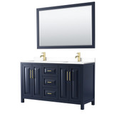 Wyndham WCV252560DBLWCUNSM58 Daria 60 Inch Double Bathroom Vanity in Dark Blue, White Cultured Marble Countertop, Undermount Square Sinks, 58 Inch Mirror