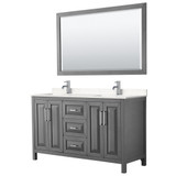 Wyndham WCV252560DKGC2UNSM58 Daria 60 Inch Double Bathroom Vanity in Dark Gray, Light-Vein Carrara Cultured Marble Countertop, Undermount Square Sinks, 58 Inch Mirror