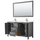 Wyndham WCV252560DKGC2UNSM58 Daria 60 Inch Double Bathroom Vanity in Dark Gray, Light-Vein Carrara Cultured Marble Countertop, Undermount Square Sinks, 58 Inch Mirror