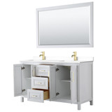 Wyndham WCV252560DWGWCUNSM58 Daria 60 Inch Double Bathroom Vanity in White, White Cultured Marble Countertop, Undermount Square Sinks, 58 Inch Mirror, Brushed Gold Trim Wyndham WCV252560DWGWCUNSM58 Daria 60 Inch Double Bathroom Vanity in White, White Cultured Marble Countertop, Undermount Square Sinks, 58 Inch Mirror, Brushed Gold Trim