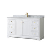 Wyndham WCV232360SWGCMUNSMXX Avery 60 Inch Single Bathroom Vanity in White, White Carrara Marble Countertop, Undermount Square Sink, Brushed Gold Trim