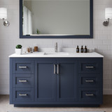 Wyndham WCF292960SBNWCUNSM58 Miranda 60 Inch Single Bathroom Vanity in Dark Blue, White Cultured Marble Countertop, Undermount Square Sink, Brushed Nickel Trim, 58 Inch Mirror
