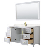 Wyndham WCV252560SWGC2UNSM58 Daria 60 Inch Single Bathroom Vanity in White, Light-Vein Carrara Cultured Marble Countertop, Undermount Square Sink, 58 Inch Mirror, Brushed Gold Trim