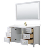 Wyndham WCV252560SWGWCUNSM58 Daria 60 Inch Single Bathroom Vanity in White, White Cultured Marble Countertop, Undermount Square Sink, 58 Inch Mirror, Brushed Gold Trim