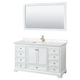 Wyndham WCS202060SWGC2UNSM58 Deborah 60 Inch Single Bathroom Vanity in White, Carrara Cultured Marble Countertop, Undermount Square Sink, Brushed Gold Trim, 58 Inch Mirror