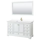 Wyndham WCS202060SWGWCUNSM58 Deborah 60 Inch Single Bathroom Vanity in White, White Cultured Marble Countertop, Undermount Square Sink, Brushed Gold Trim, 58 Inch Mirror