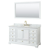 Wyndham WCS202060SWGCMUNOM58 Deborah 60 Inch Single Bathroom Vanity in White, White Carrara Marble Countertop, Undermount Oval Sink, Brushed Gold Trim, 58 Inch Mirror