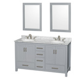 Wyndham WCS141460DGYCMUNOM24 Sheffield 60 Inch Double Bathroom Vanity in Gray, White Carrara Marble Countertop, Undermount Oval Sinks, and 24 Inch Mirrors
