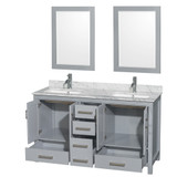 Wyndham WCS141460DGYCMUNSM24 Sheffield 60 Inch Double Bathroom Vanity in Gray, White Carrara Marble Countertop, Undermount Square Sinks, and 24 Inch Mirrors