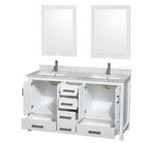 Wyndham WCS141460DWHCMUNSM24 Sheffield 60 Inch Double Bathroom Vanity in White, White Carrara Marble Countertop, Undermount Square Sinks, and 24 Inch Mirrors