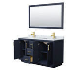 Wyndham WCF292960DBLCMUNSM58 Miranda 60 Inch Double Bathroom Vanity in Dark Blue, White Carrara Marble Countertop, Undermount Square Sinks, Brushed Gold Trim, 58 Inch Mirror