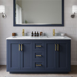Wyndham WCF292960DBLCMUNSM58 Miranda 60 Inch Double Bathroom Vanity in Dark Blue, White Carrara Marble Countertop, Undermount Square Sinks, Brushed Gold Trim, 58 Inch Mirror