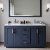 Wyndham WCF292960DBNCMUNSM58 Miranda 60 Inch Double Bathroom Vanity in Dark Blue, White Carrara Marble Countertop, Undermount Square Sinks, Brushed Nickel Trim, 58 Inch Mirror