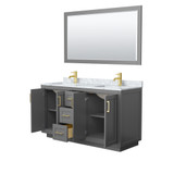 Wyndham WCF292960DGGCMUNSM58 Miranda 60 Inch Double Bathroom Vanity in Dark Gray, White Carrara Marble Countertop, Undermount Square Sinks, Brushed Gold Trim, 58 Inch Mirror