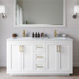 Wyndham WCF292960DWGCMUNSM58 Miranda 60 Inch Double Bathroom Vanity in White, White Carrara Marble Countertop, Undermount Square Sinks, Brushed Gold Trim, 58 Inch Mirror