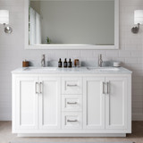 Wyndham WCF292960DWHCMUNSM58 Miranda 60 Inch Double Bathroom Vanity in White, White Carrara Marble Countertop, Undermount Square Sinks, Brushed Nickel Trim, 58 Inch Mirror